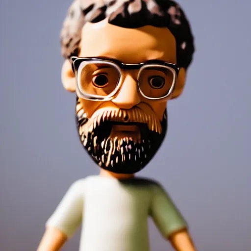 Prompt: close up shot of a pixelated bobble head terence mckenna, depth of field, fstop 1. 3, bokeh