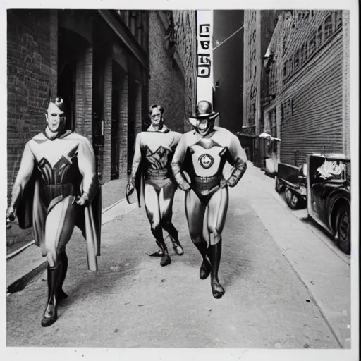 Image similar to 1 9 3 0 s photography of superheroes walking a new york alley