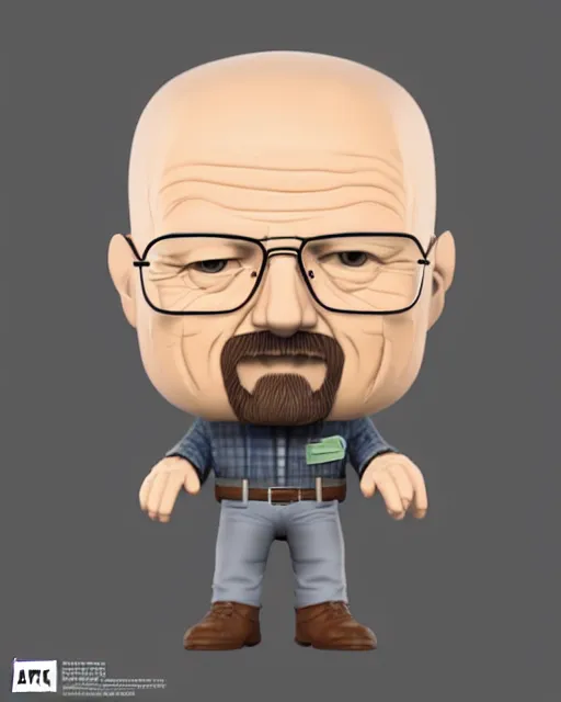 Image similar to full body 3d render of Walter White as a funko pop, studio lighting, white background, blender, trending on artstation, 8k, highly detailed