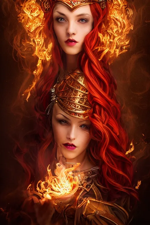 Prompt: a beautiful image of a young woman, steampunk Chandra queen of fire, big googles over her head, long flowing hair flowing with fire, steampunk costume mostly red and gold young female face, cinematic top lighting, insanely detailed and intricate, face by wlop, Charlie Bowater, golden ratio, symmetric, elegant, ornate, luxury, elite, matte painting, cinematic, trending on artstation, deviantart and cgsociety, 8k, high resolution