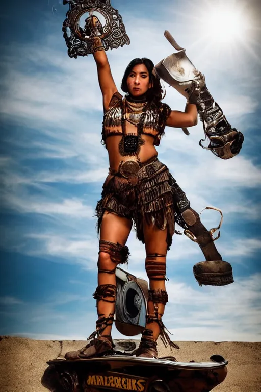 Image similar to old vintage full body photo of ancient Mexican warrior female on the complex big steam punk airboard with antigravity engine, extreme sports photography , dynamic photography,symmetrical face, beautiful female face, slim body, high speed,dirt and grawel flying in the spot, lens flares, dust in the air, dramatic lighting, intricate, highly detailed, centered, smooth, sharp focus, sports photography, old photo, black and white, sepia, cinematic lighting, cinematic angle, national geographic