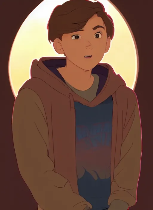 Prompt: teen boy with short brown hair, wearing a hoodie, hood up, natural lighting, path traced, highly detailed, high quality, cartoon, digital painting, by don bluth and ross tran and studio ghibli and alphonse mucha