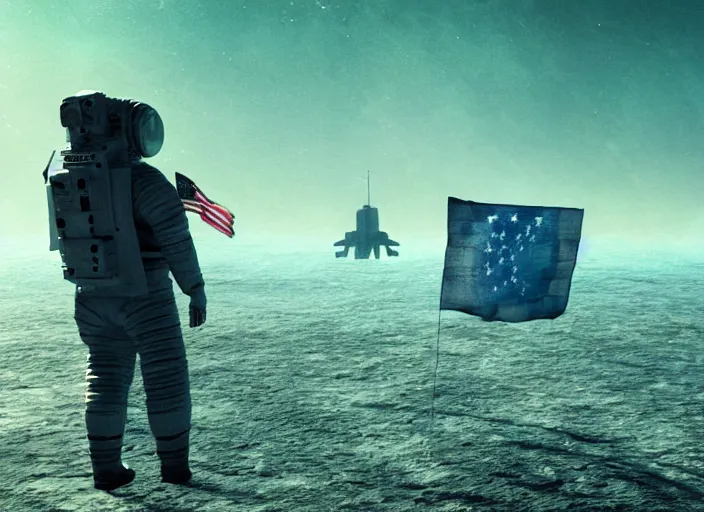 Image similar to astronaut holding a flag in an underwater desert. a submarine is visible in the distance. dark, concept art, cinematic, dramatic, atmospheric, 8 k, trending on artstation, blue, fish, low visibility, fog, ocean floor, christopher nolan, interstellar