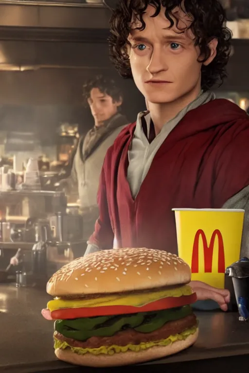 Image similar to film still of frodo working at mcdonalds in the new avengers movie, oil on canvas, intricate, 8 k highly professionally detailed, hdr, cgsociety