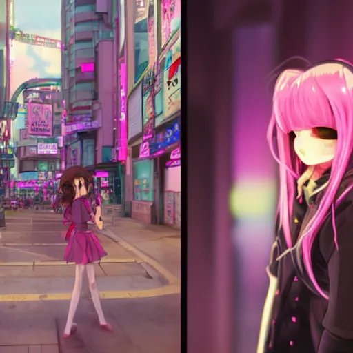 Prompt: very detailed + octane render +unreal engine 5,smile,Pink long Hair and Syberpunk anime girl, Dressed in black, she stands in a dark cyberpunk city. Pink neon lights glow everywhere,in the style KyoAni, Makoto Shinkai,Hideaki Anno,Mochiduki Key,LM7,Arknights,Studio Ghibli, Madhouse INC, WHITE FOX, Studio Trigger,GAINAX ,Violet Evergarden, Genshin Impact, Granblue Fantasy, Arknights, Fate Grand Order, umamusume,Azur Lane,Blue Archive,KanColle,Touhou Project,Nier Automata,K-ON,yuruyuri, cygames,yostar,mihoyo,,Production I.G ,wit studio,P.A.WORKS,ufotable,mappa,TOEI Animation,Trending on Pixiv