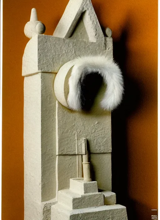 Image similar to realistic photo of a a medieval temple astronomy appliance pump, made of mustard wood white clay fluffy fur black plastic 1 9 9 0, life magazine photo, natural colors, museum collection