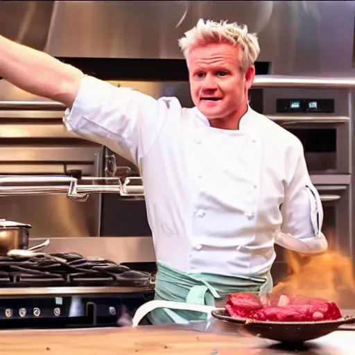 Image similar to hyper real Gordon Ramsey cooking a unicorn in kitchen 4k