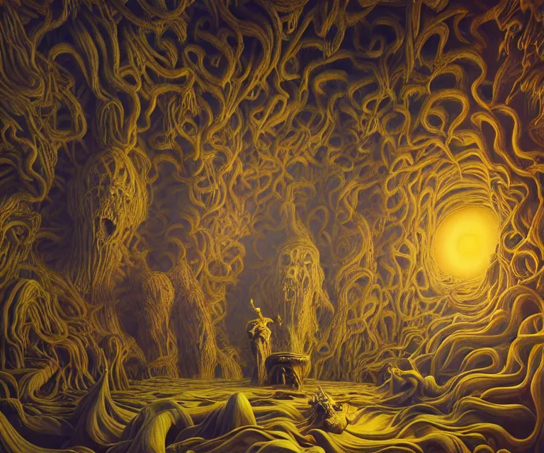 Image similar to hyper detailed 3d render like a Oil painting - hades looking out over his hellish domain, by Jacek Yerka, Mariusz Lewandowski, Houdini algorithmic generative render, Abstract brush strokes, Masterpiece, Edward Hopper and James Gilleard, Zdzislaw Beksinski, Mark Ryden, Wolfgang Lettl, hints of Yayoi Kasuma, octane render, 8k