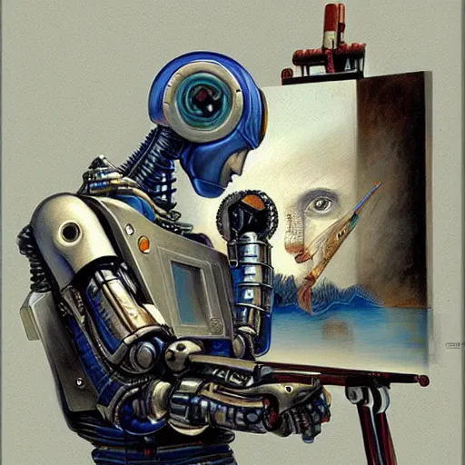 Prompt: robot artist artist painting a self portrait, color, by john howe