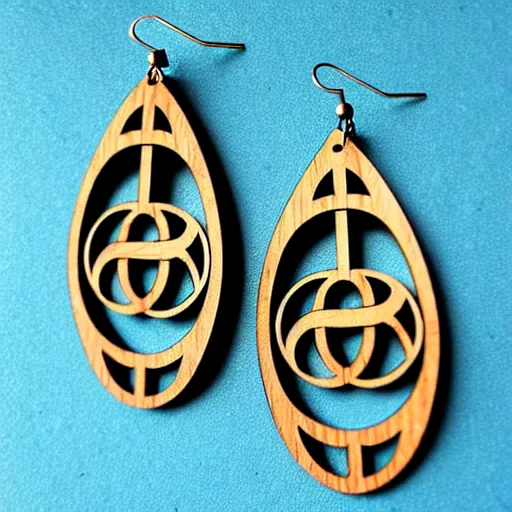 Image similar to 2 d wood lasercut earrings, mystical symbols, 8 k, hd, trending on amazon on artstation, trending on deviantart, trending on etsy, epic digital art