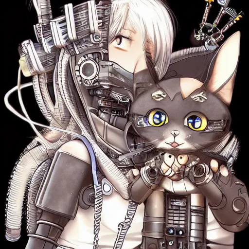 Prompt: a robotic steampunk human and cat, anime, wholesome, detailed,