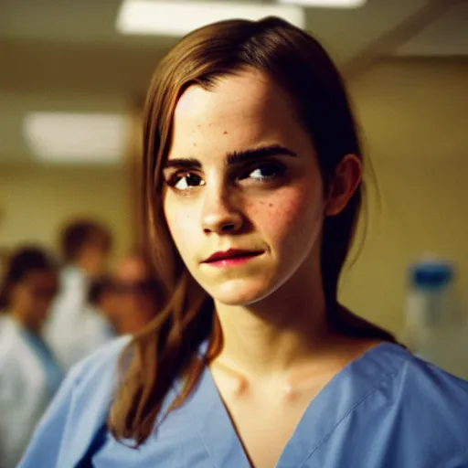 Prompt: emma watson, nurse scrubs, hospital, portrait, mid view head and shoulders, award winning, kodak ektachrome expired blue tint,