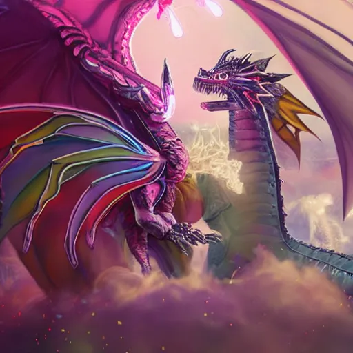 Image similar to highly detailed exquisite lgbt transgender gay trans fanart, giant dragon breathing fire, a cute gay dragon, glowing eyes and robot dragon head, off-white plated armor, bright Fuchsia skin, royal elegant pose, epic cinematic shot, realistic, professional digital art, high end digital art, sci fi, DeviantArt, artstation, Furaffinity, 8k HD render, epic lighting, depth of field