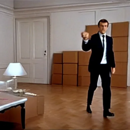 Image similar to Emmanuel Macron moving Ikea furniture in his empty room, in American Psycho (1999)