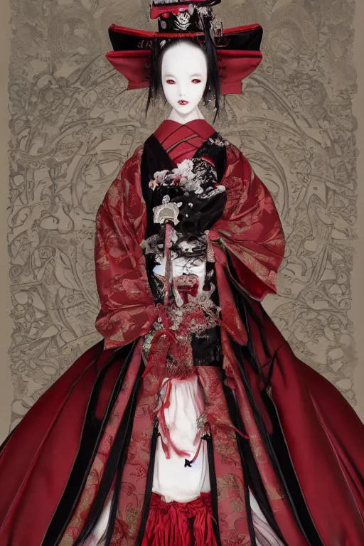 Image similar to album cover of an avant - garde japanese bjd geisha vampire queen with porcelain skin in victorian red dress in the style of dark - fantasy lolita fashion painted by yoshitaka amano, takato yamamoto, christopher shy, dmt art, symmetrical vogue face portrait, intricate detail, artstation, cgsociety, artgerm, gold skulls, rococo