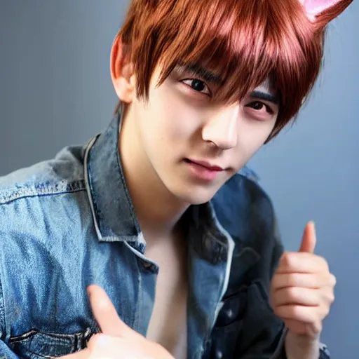 Image similar to A pretty catboy in his twenties with realistic cat ears