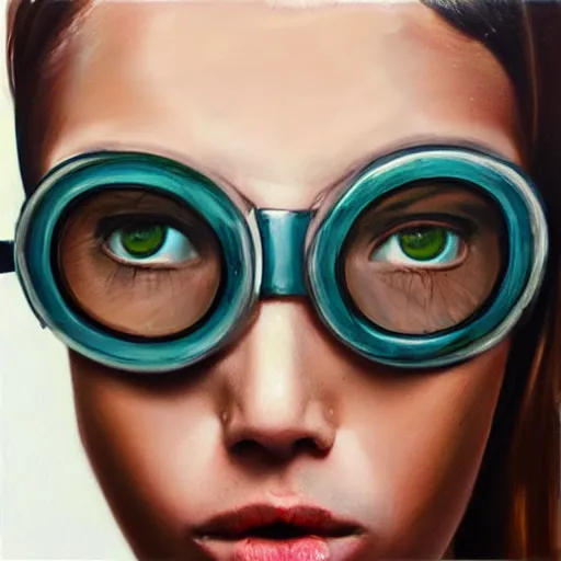 Image similar to hyperrealism oil painting, fashion model portrait underwater, swimming goggles