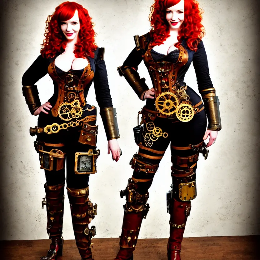 Image similar to full body photograph of christina hendricks as a steampunk warrior, extremely detailed. dslr. 8 5 mm.