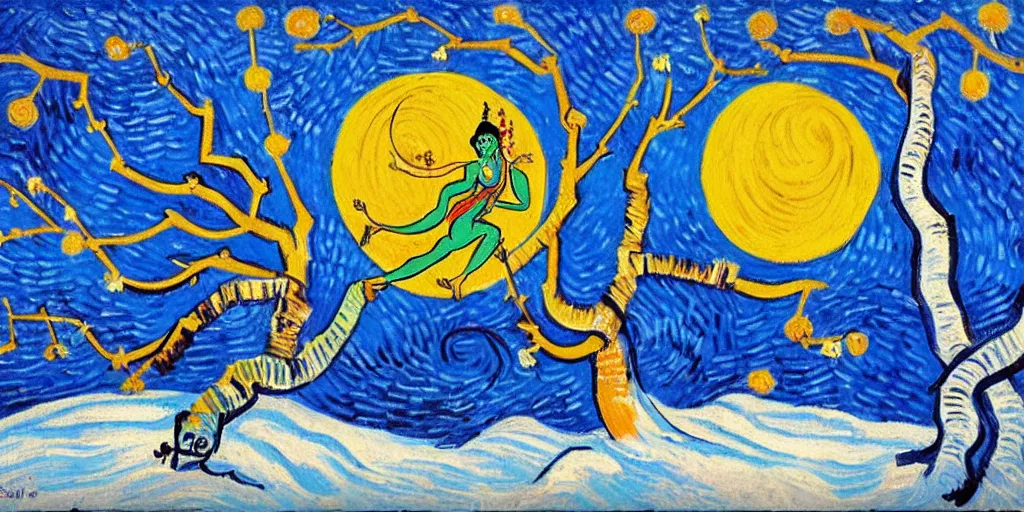 Image similar to nataraja dancing in a winter birch grove and raising snow clouds during a solar eclipse painted in the style of van gogh