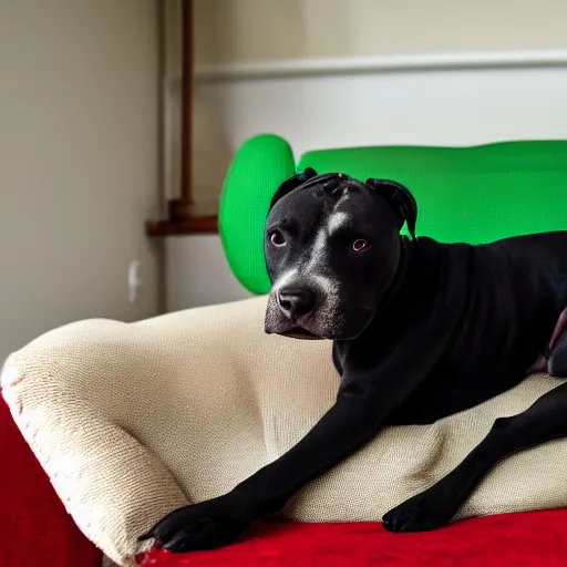 Image similar to American Staffordshire terrier sitting on a sofa wearing a green sweater, 8k, hdr