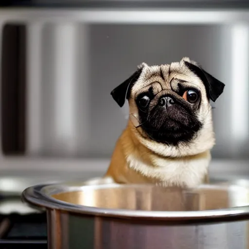 Image similar to An adorable pug sitting in a pot of water atop a stove, high resolution photograph