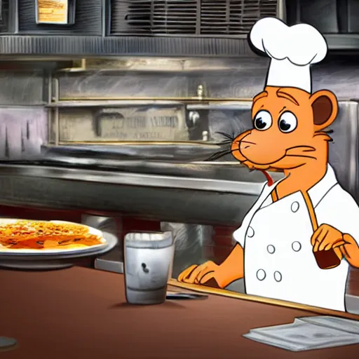 Prompt: A rat working as a chef in a run down New York City diner, High Definition Animated Still