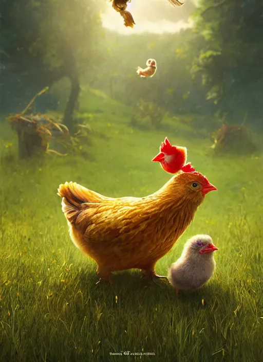 Prompt: a hen and her two cute small yellow chicks on a meadow, mama movie poster by nuri iyem, james gurney, james jean, greg rutkowski, anato finnstark. pixar. hyper detailed, 5 0 mm, award winning photography,