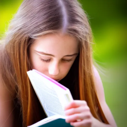 Prompt: photograph of a girl reading book, her hair flowing down. Extremely detailed. 8k