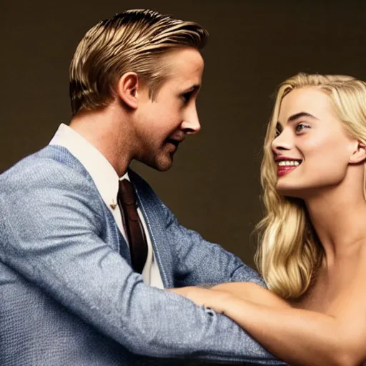 Prompt: still of ryan gosling and margot robbie, in a muet movie