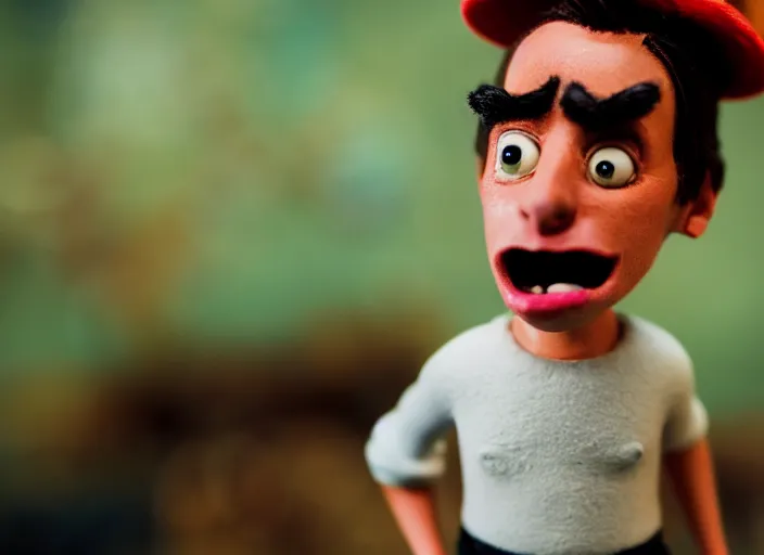 Prompt: cinematic screenshot portrait of a stop motion claymation film about a goofy wacky adventure starring ace ventura, shallow depth of field, 1 8 mm, f 1. 8