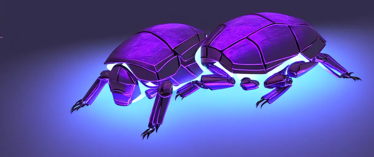 Image similar to hyperrealistic glowing cyborg scarab! jeweled gorgeous! highly detailed concept art david ligare peter zumthor dramatic purple neon lighting high quality low angle hd 8k sharp shallow depth of field