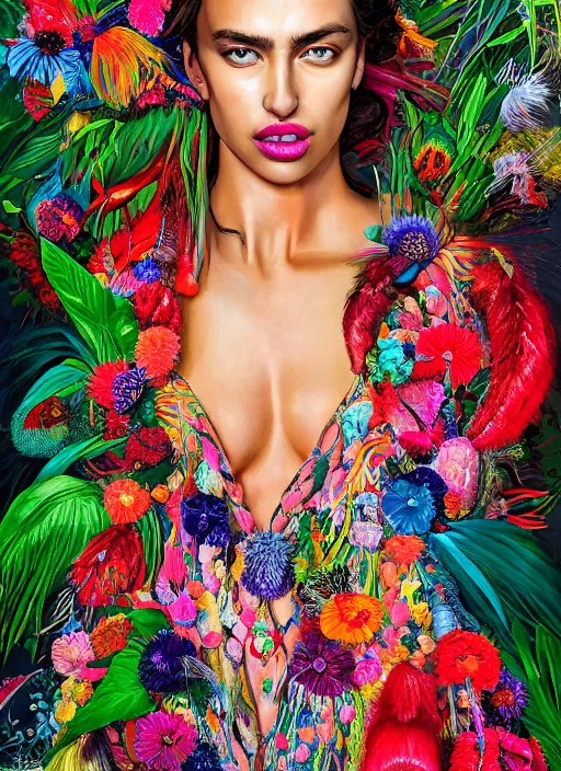 Image similar to beautiful portrait of Irina Shayk wearing fantastic Hand-dyed cotton dress,embellished beaded feather decorative fringe knots ,colorful pigtail,subtropical flowers and plants,dramatic lighting,symmetrical face,intricate,elegant,highly detailed,8k,post-processing,digital painting,trending on artstation, GUCCI,PRADA,concept art, sharp focus, illustration, by artgerm,Tom Bagshaw,Lawrence Alma-Tadema,greg rutkowski,alphonse Mucha