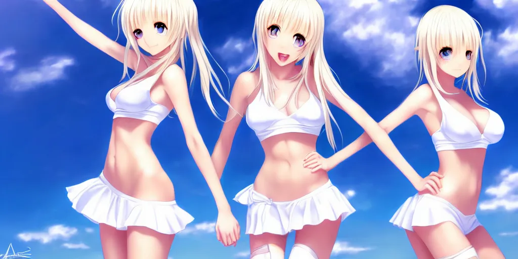 Image similar to tiny father a tall daughter picture : a very beautiful young blond anime girl, sky blue eyes, bikini, white miniskirt, highly detailed, cinematic wallpaper by stanley artgerm lau