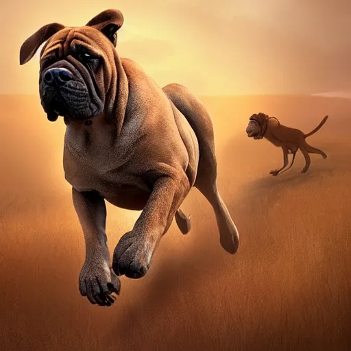 Image similar to - w 7 6 8 a boerboel mastiff running after a kangaroo, detailed, intricate, by jessica rossier