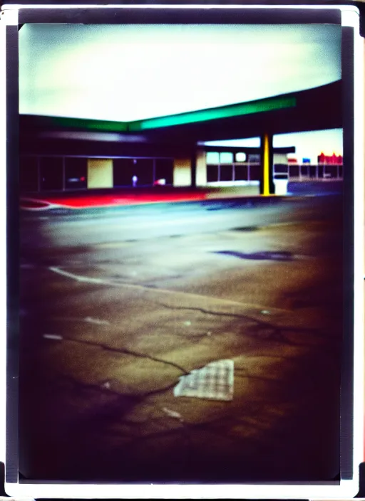 Image similar to polaroid photograph of an empty blockbuster store parking lot, liminal space, familiar place, mannequins, black mold, amateur, 3 5 mm, raw, 4 k, hd