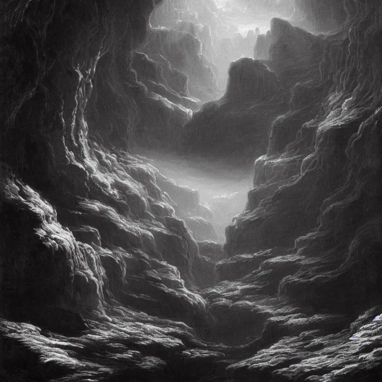 Prompt: Deep canyon void underwater Depth in the style of Ansel Adams, Thomas Cole and Gustave dore