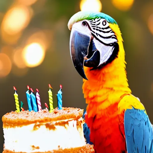 Image similar to photo of parrot eating a birthday cake, highly detailed, cinematic, strong bokeh, 4 k