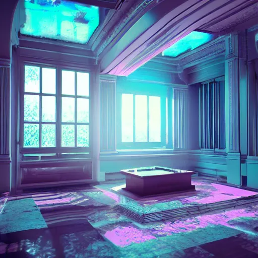 Prompt: liminal space interior of a vaporwave mansion high detail 3D rendered render in unreal engine 8K god rays volumetric lighting trending on art station