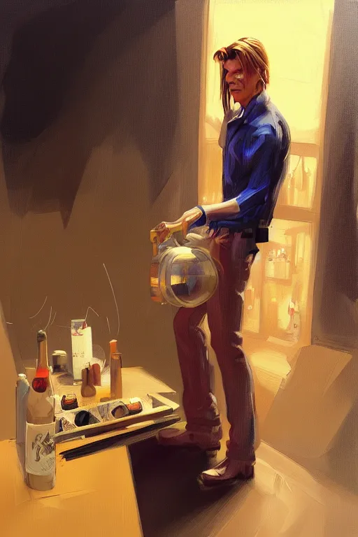 Image similar to david bowie 1 9 7 3 working in a winery, animation pixar style, by magali villeneuve, artgerm, jeremy lipkin and michael garmash, rob rey and kentaro miura style, golden ratio, trending on art station