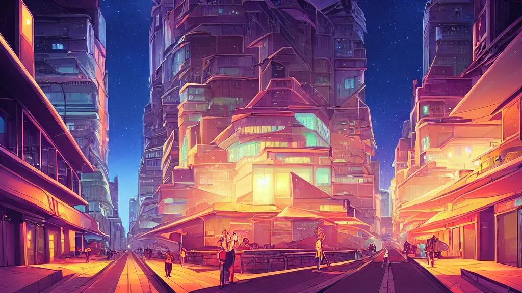 Image similar to the city street looking towards the spaceport at night by cyril rolando and naomi okubo and dan mumford