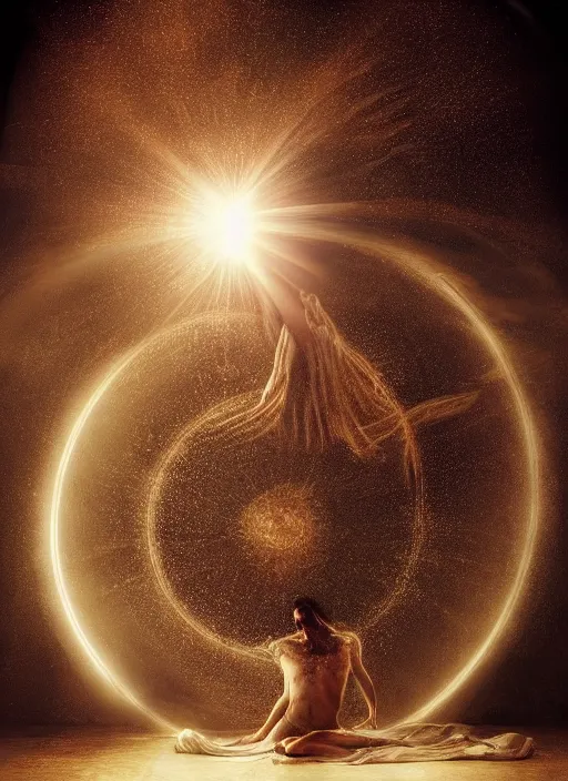 Image similar to magical birth of a human, sacral geometry, highly detailed, magic, space, epic, absolute symmetric, ring of light, by leonardo da vinci, volumetric lighting, beautiful, golden hour, sharp focus, ultra detailed, cgsociety by leesha hannigan, ross tran, thierry doizon, kai carpenter, ignacio fernandez rios, noir photorealism, film