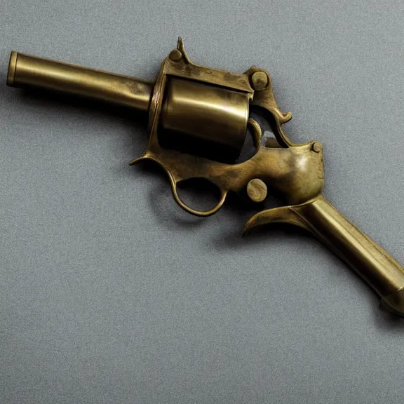 Image similar to a 4 k photorealistic photo medium shot of a bronze statue of a revolver gun.