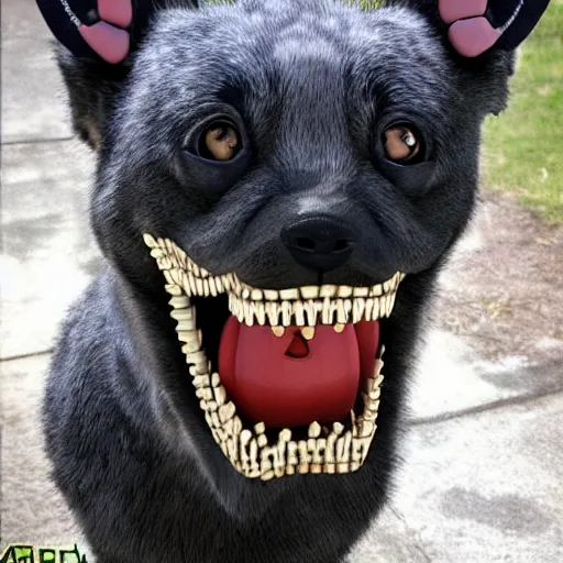 Prompt: a furry dog named chompers with human teeth and his mouth open, highly detailed, very realistic, extra large