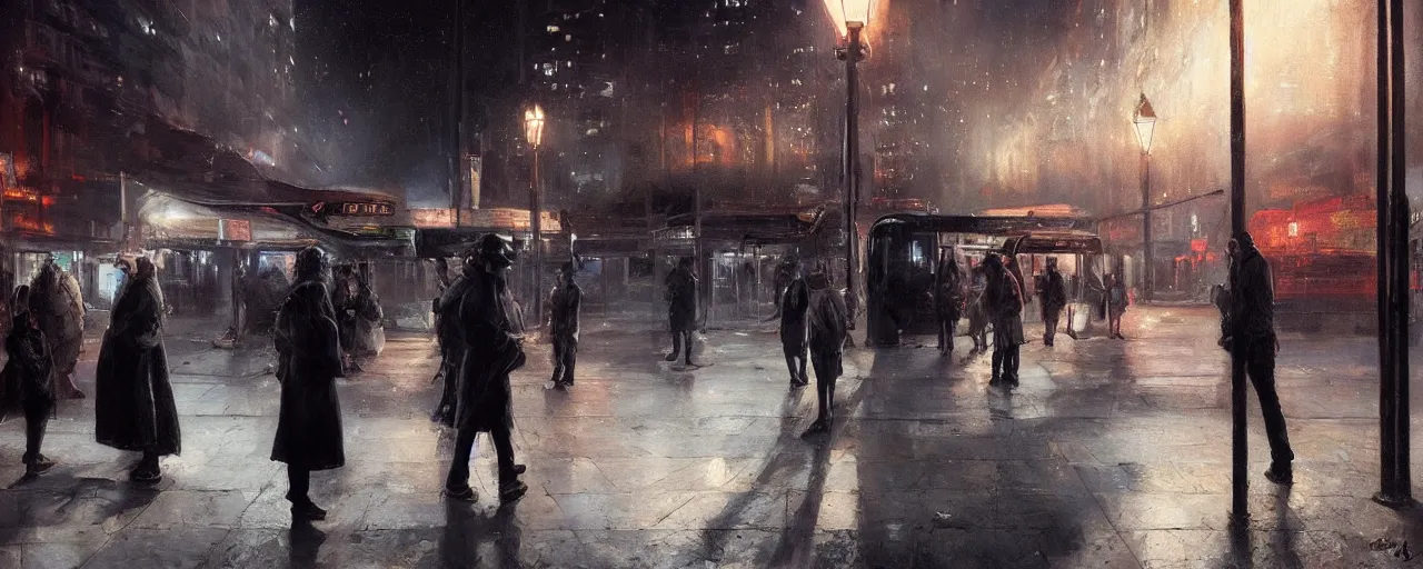 Image similar to some people waiting at the bus stop in the dark city night. most epic dramatic scene. epic cinematic hyperrealism masterpiece. realistic poster with shaded lighting by craig mallismo, artgerm, jeremy lipkin and michael garmash, unreal engine, radiant light, detailed and complex environment, digital art, art station trends