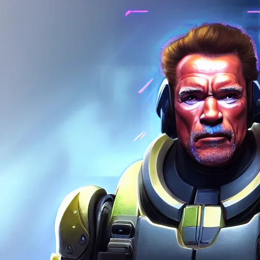 Image similar to a screenshot of arnold schwarzenegger as echo in overwatch, portrait, fantasy, beautiful face, vivid colors, elegant, concept art, sharp focus, digital art, hyper - realistic, 4 k, unreal engine, highly detailed, hd, dramatic lighting by brom, trending on artstation