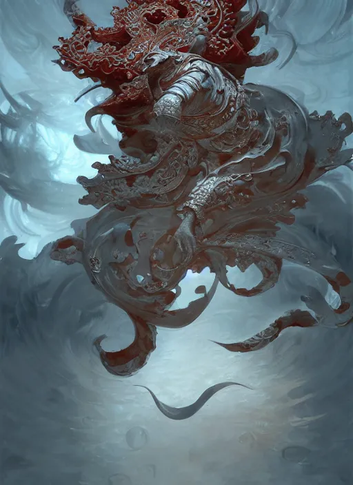 Image similar to subsurface scattering, white, koi, samurai deity with filigree armor, blood, octane render, by jesper ejsing, james jean, justin gerard, tomasz alen kopera, cgsociety and fenghua zhong, highly detailed, rim light, cinematic lighting, illustration, art, very coherent, cinematic, hyper realism, high detail, 8 k