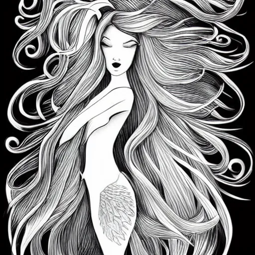 Prompt: black and white illustration, creative design, beautiful feminine mermaid with flowing hair