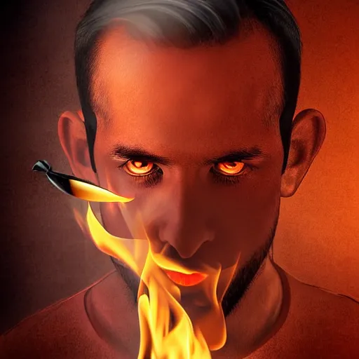 Image similar to A man with fires coming out of his eyes having a smoke, detailed digital art