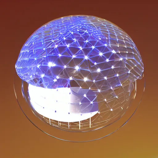 Image similar to crystal sphere with mini modern house with led strip lights inside it, octane render hyperdetailed,