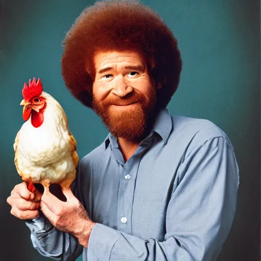 Image similar to bob ross holding a chicken, portrait,